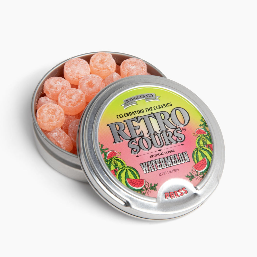 Retro Sours Watermelon tin packaging offers nostalgic appeal and convenient gifting.