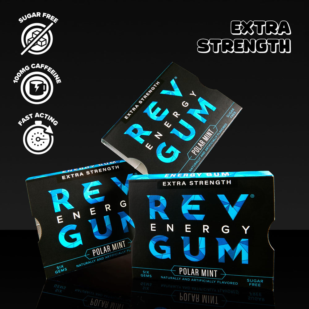 REV Gum sugar-free caffeine for sustained alertness without sugar crash.