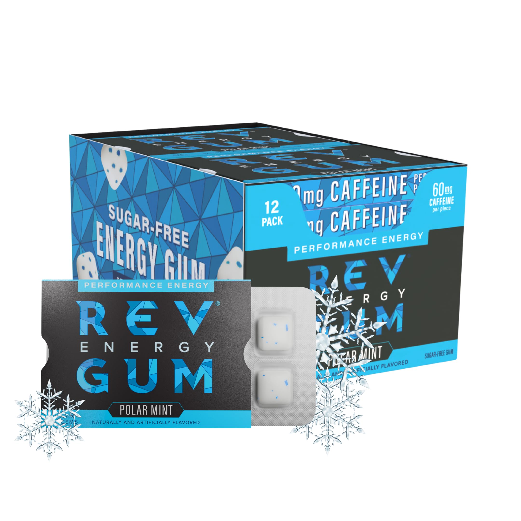 REV Sugar-free caffeine gum polar mint wrapper close-up for a refreshing boost