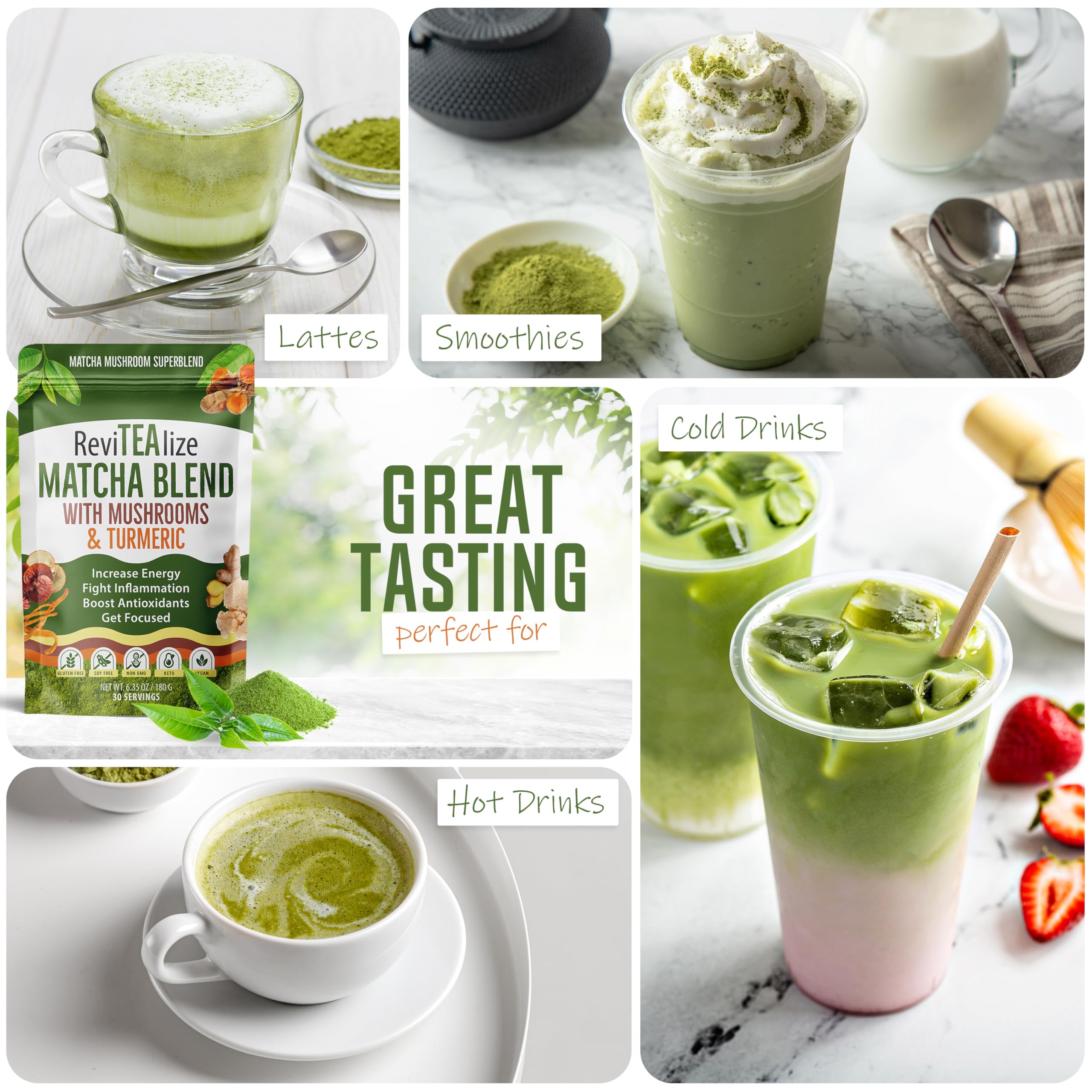 Revitealize Matcha Mushroom Latte Blend packaging emphasizes organic, vegan, dairy-free formula