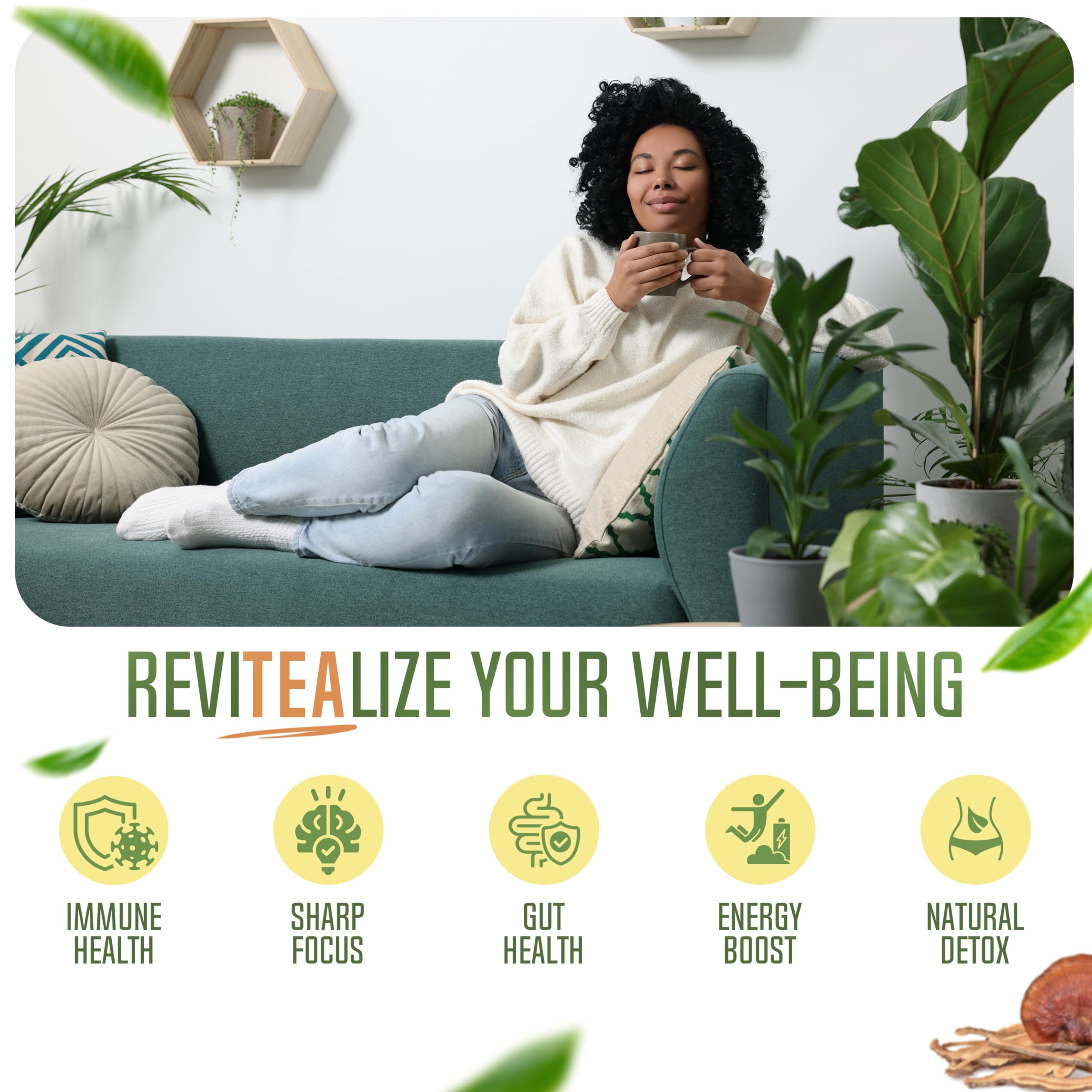 Revitealize Matcha Mushroom Latte Blend spoon for quick, healthy energy on the go