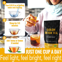 REVIVT Colon Detox Tea brewed cup with peppermint aroma for a soothing ritual.