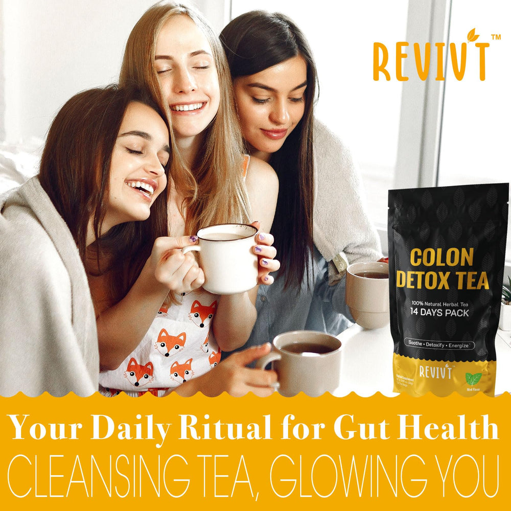 REVIVT Colon Detox Tea ingredients showcase senna, dandelion, and peppermint.