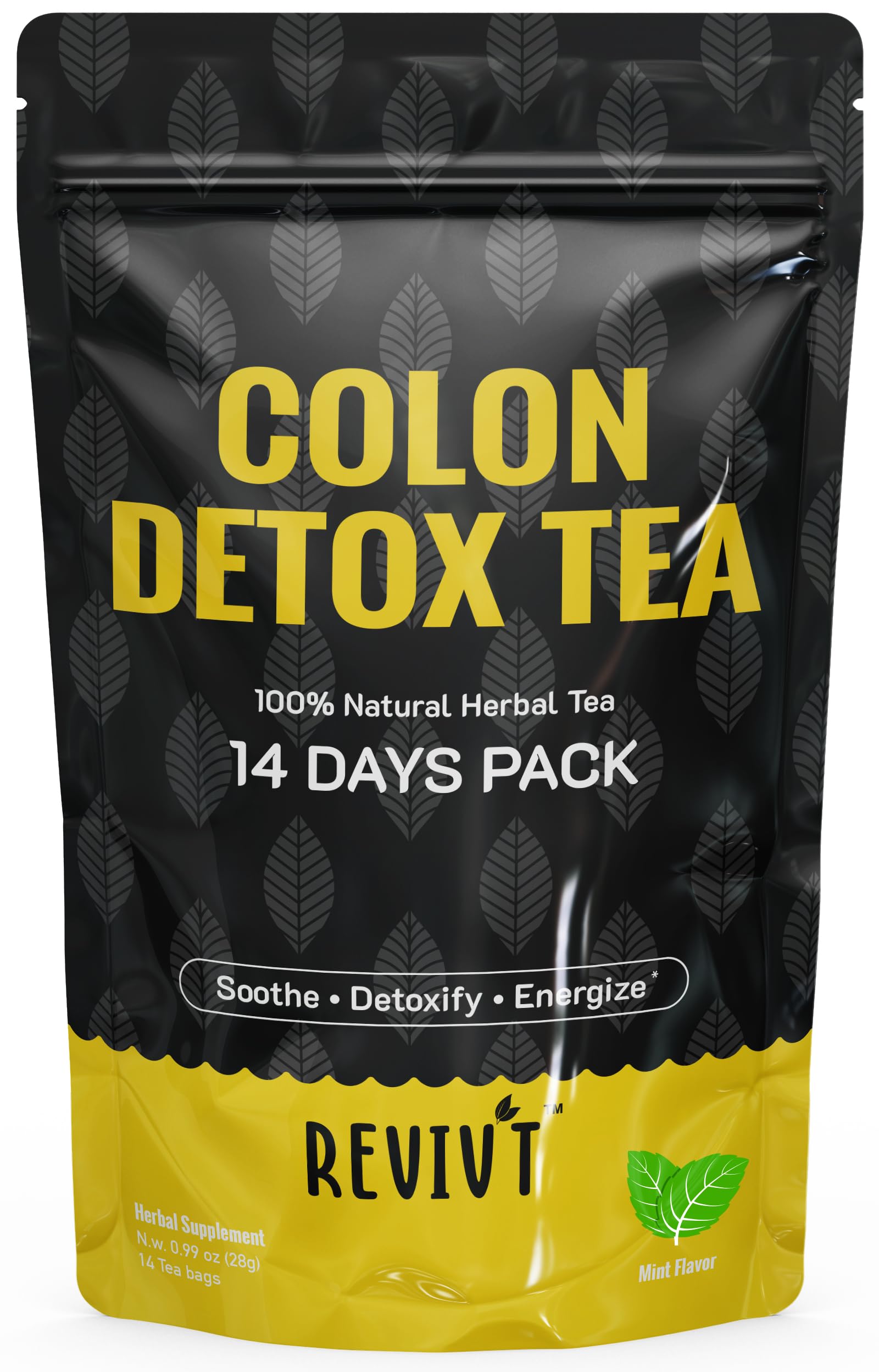 REVIVT Colon Detox Tea packaging highlighting natural herbs for gentle wellness.
