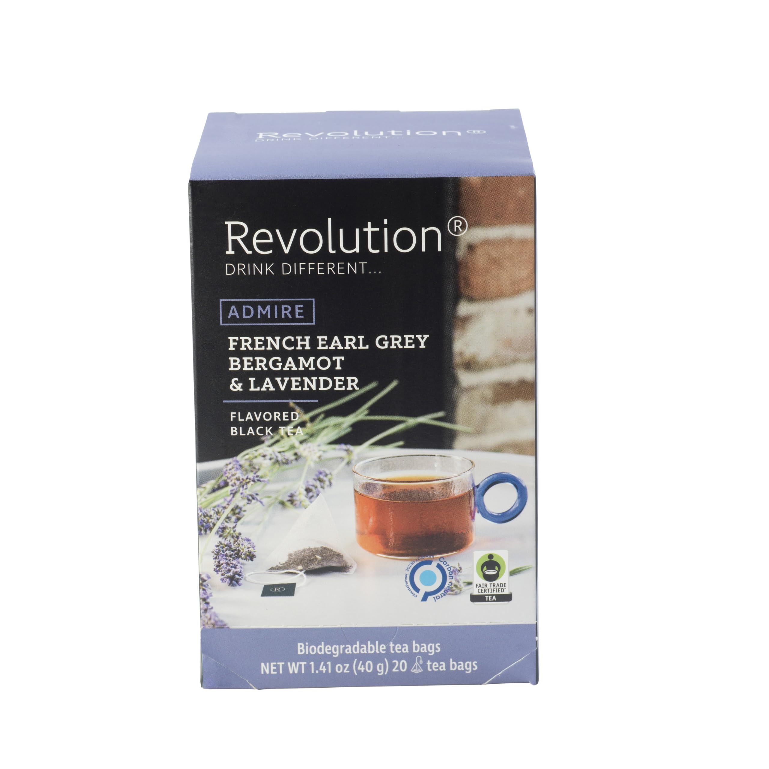 Revolution Tea Earl Grey Lavender packaging highlights premium branding and eco-friendly design.