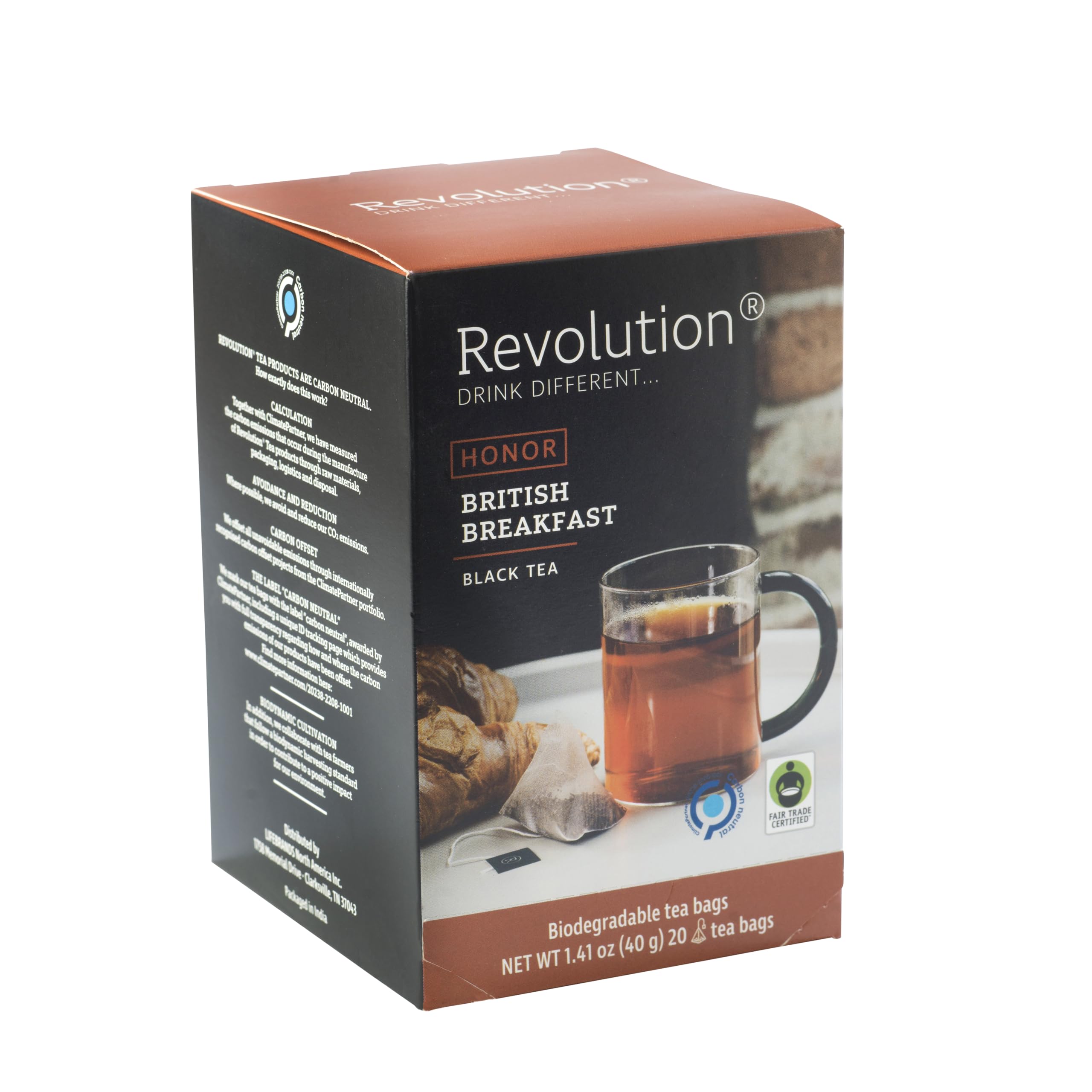 Revolution Tea English Breakfast brewed cup reveals an amber hue.