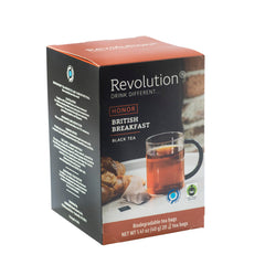 Revolution Tea English Breakfast brewed cup reveals an amber hue.