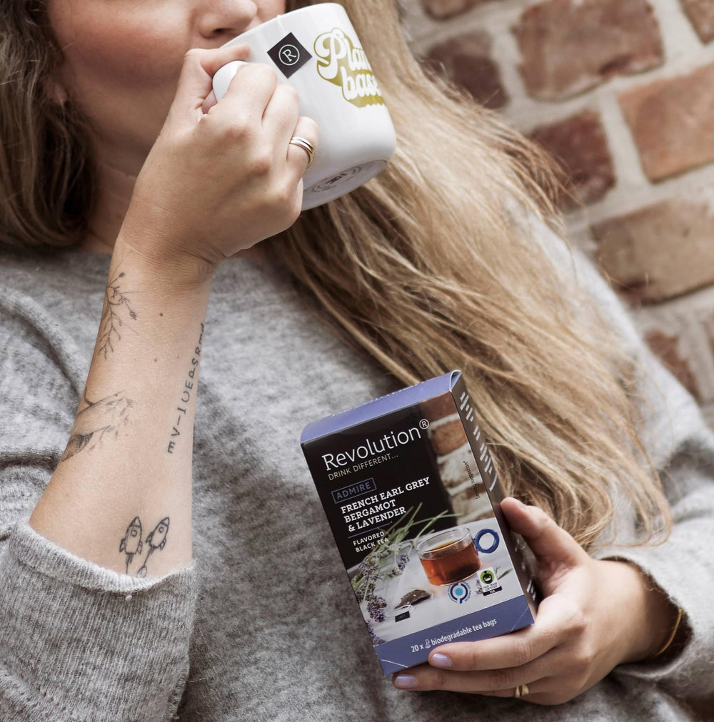 Revolution Tea lavender buds visual hints at soothing floral notes in the blend.