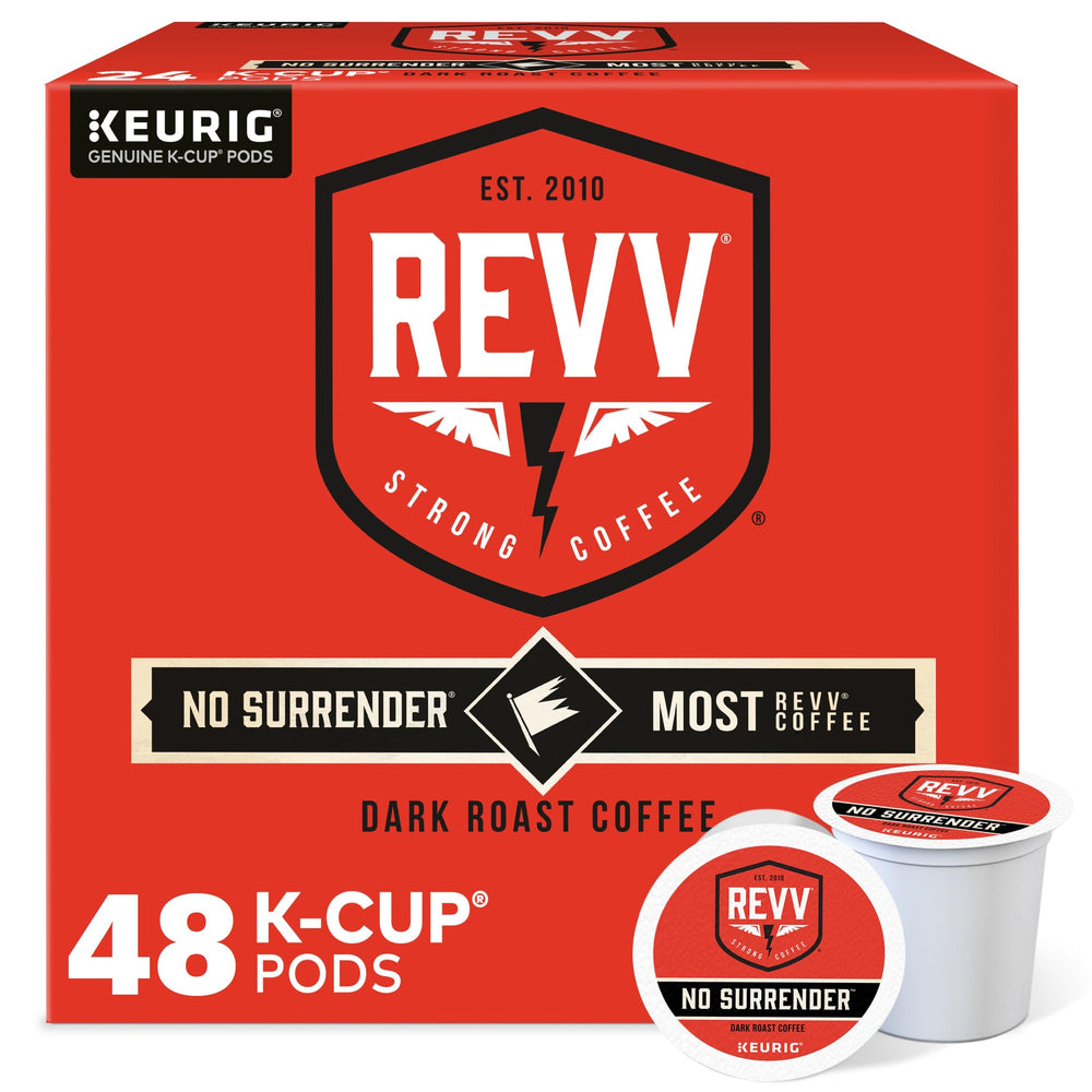 REVV No Surrender coffee pods pack front, bold morning option for quick brew.