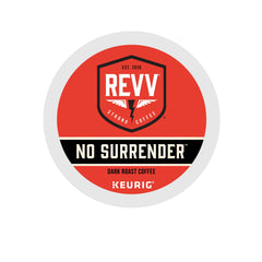 REVV No Surrender dark roast pods close-up, rich texture and aroma.