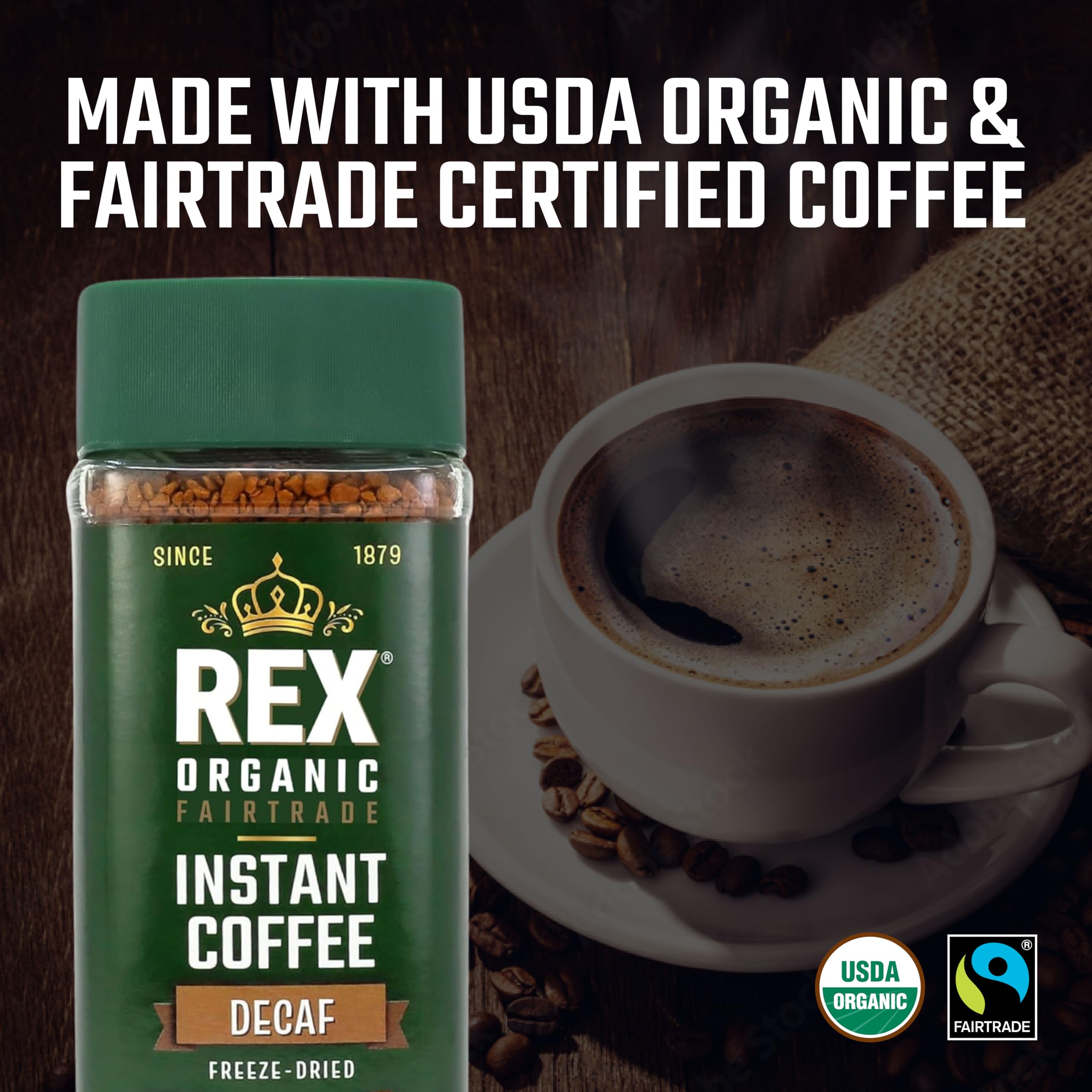 REX COFFEE glass jar on shelf emphasizing eco-friendly packaging