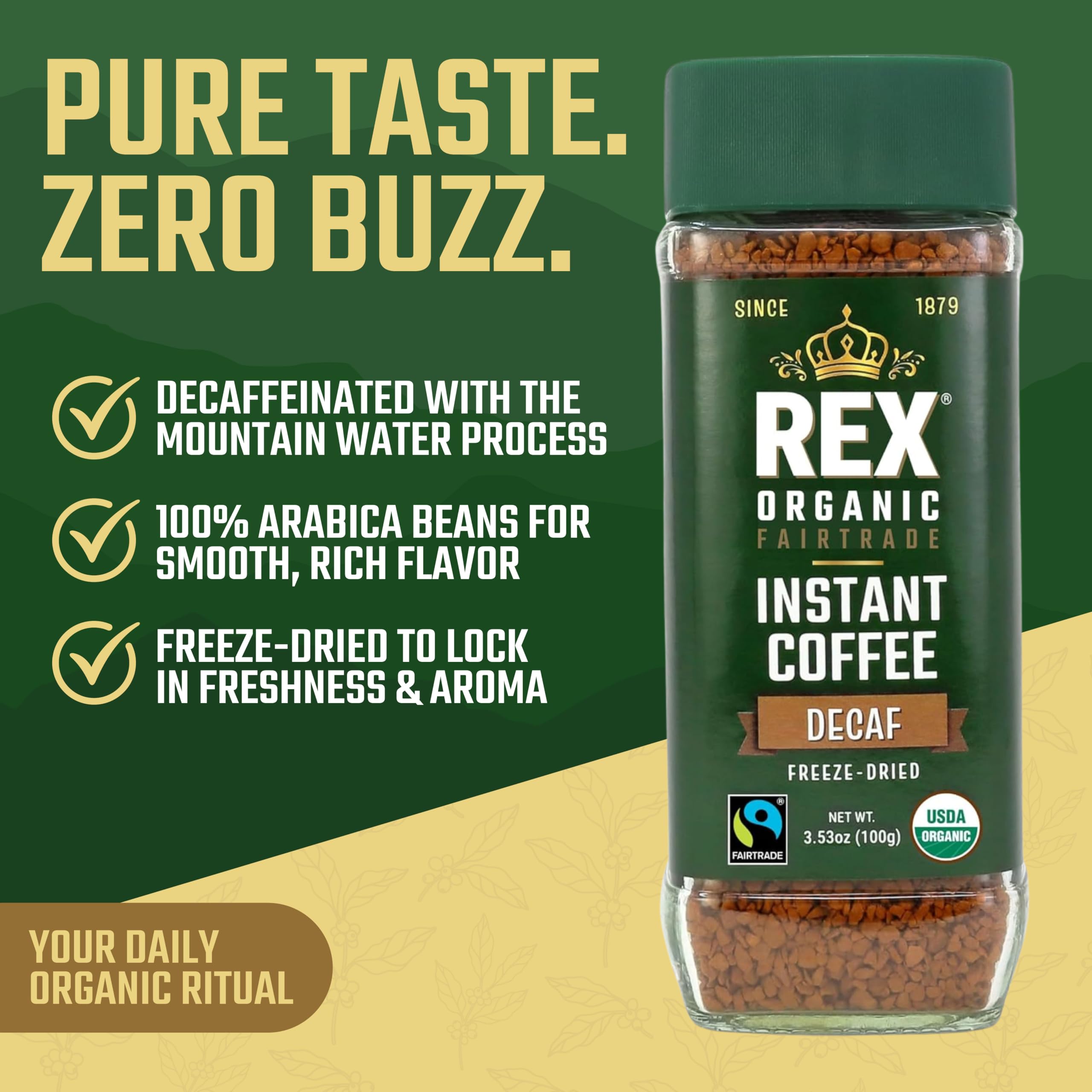 REX COFFEE decaf instant jar label close-up highlighting organic and fairtrade