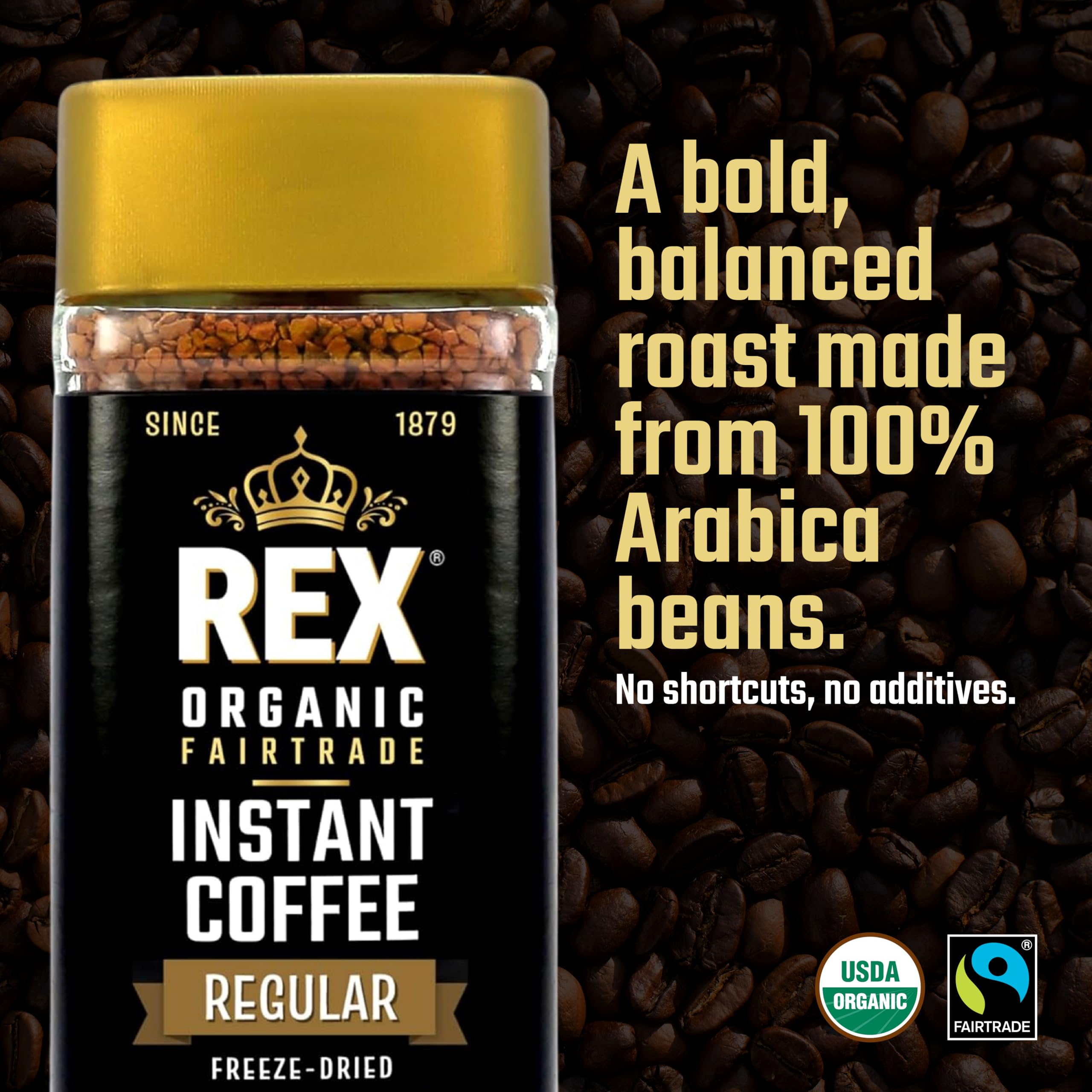 Rex Coffee dissolves in hot water for fast, easy mornings.