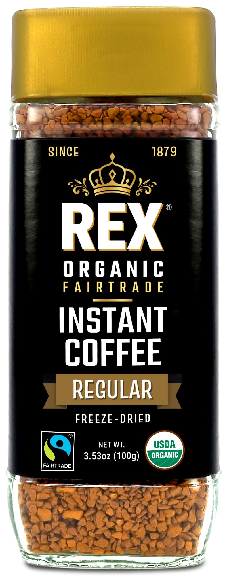 Rex Coffee glass jar closeup showing a recyclable container preserving freshness.