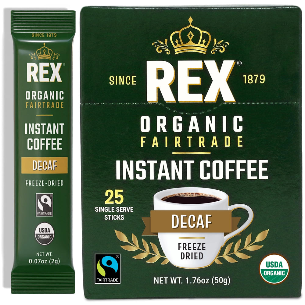 Rex Coffee Decaf Sticks box front for on-the-go brewing convenience.