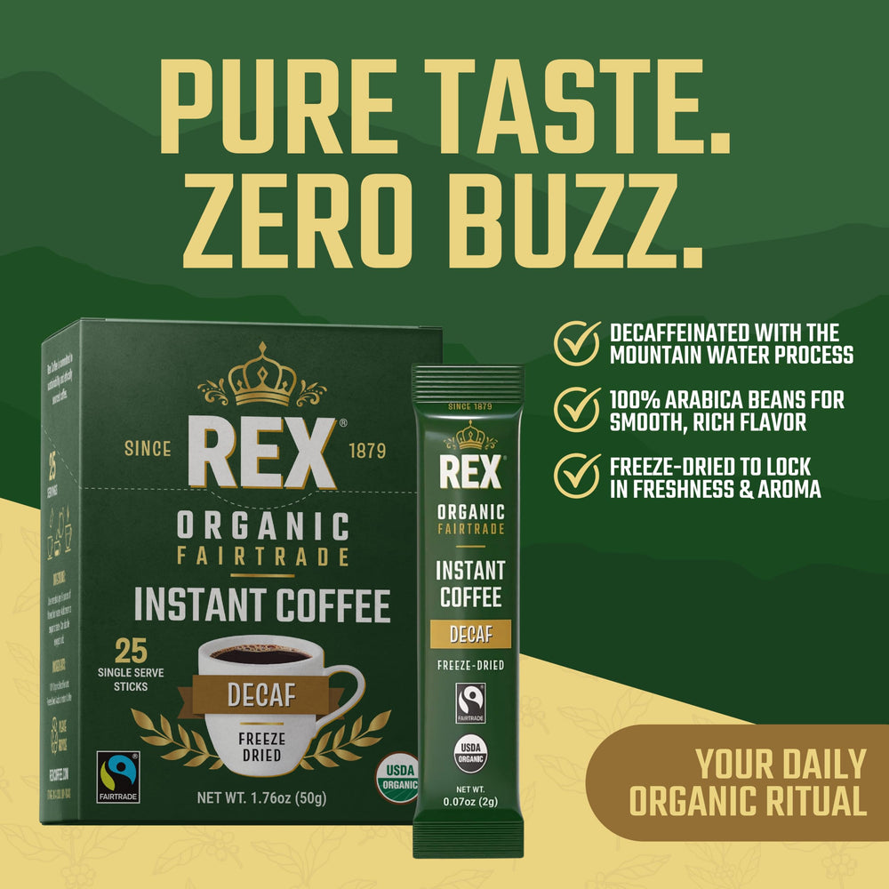 Rex Coffee Decaf sticks and single-serve packets ready for travel.
