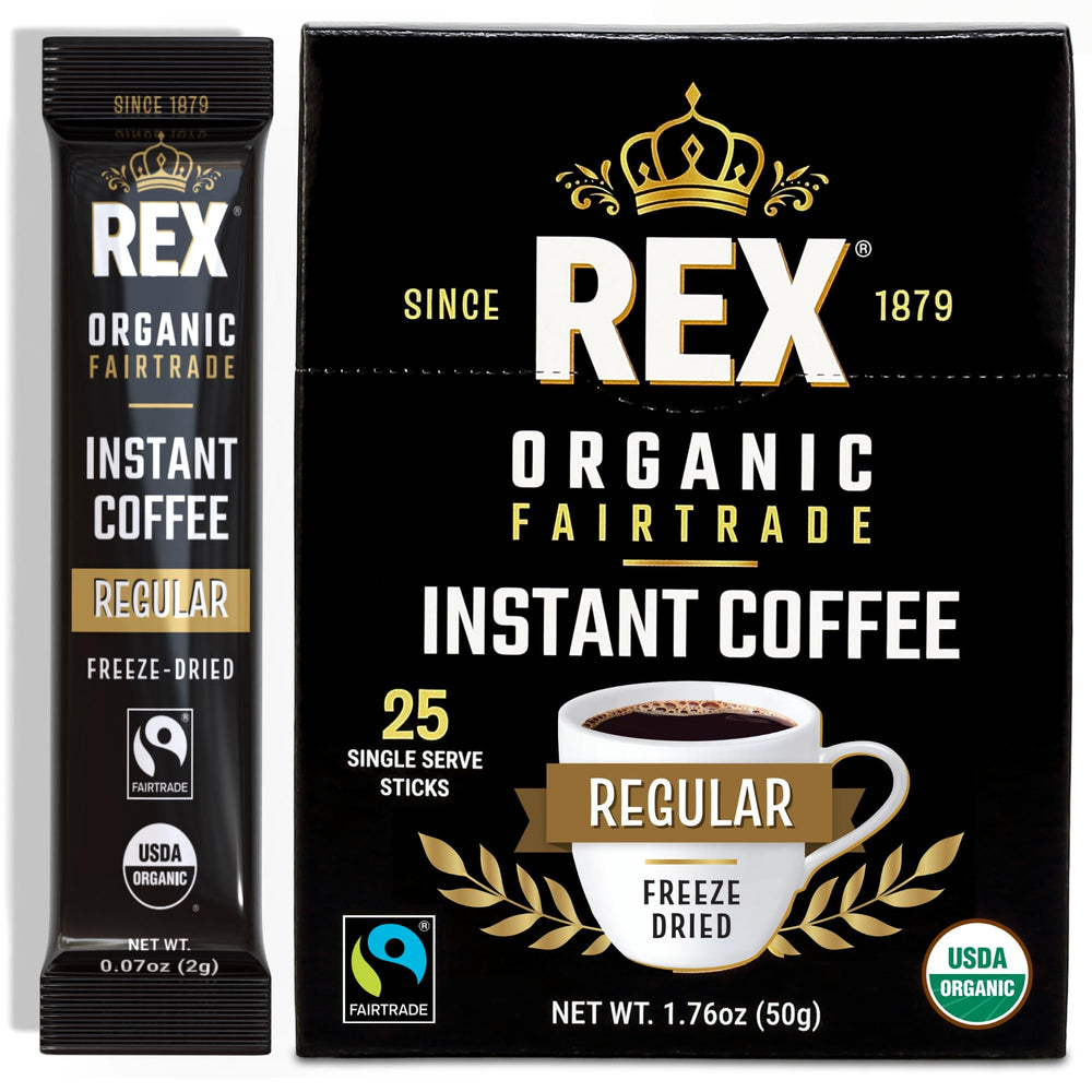 Rex Coffee Organic Fairtrade instant stick packaging shows ethical sourcing