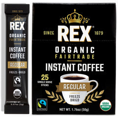 Rex Coffee Organic Fairtrade instant stick packaging shows ethical sourcing