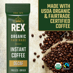 Rex Coffee Organic Fairtrade logos highlight ethical sourcing.