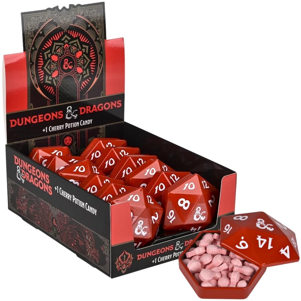 Rhode Island Novelty Boston America D&amp;D D20 sour candy tin front view, collectible gaming snack.