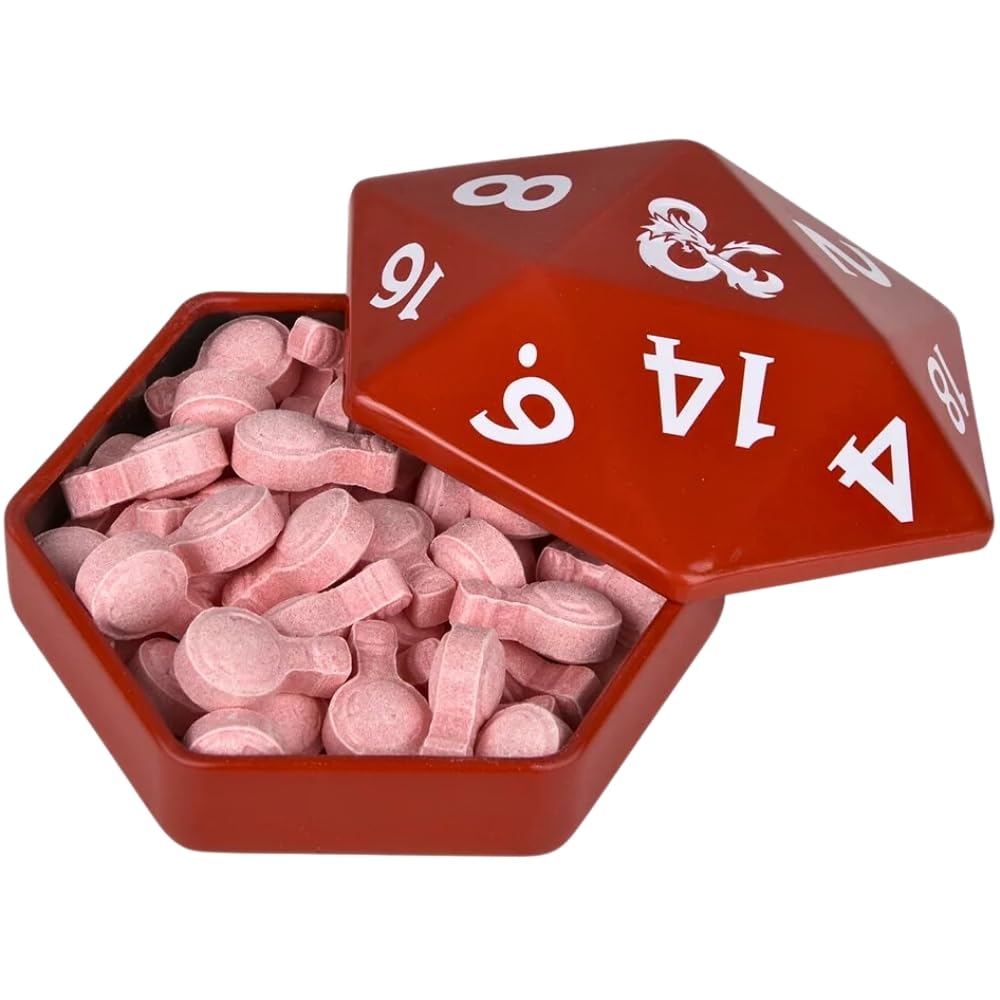 Rhode Island Novelty Boston America D&amp;D D20 sour candy tin packaging with game theme.