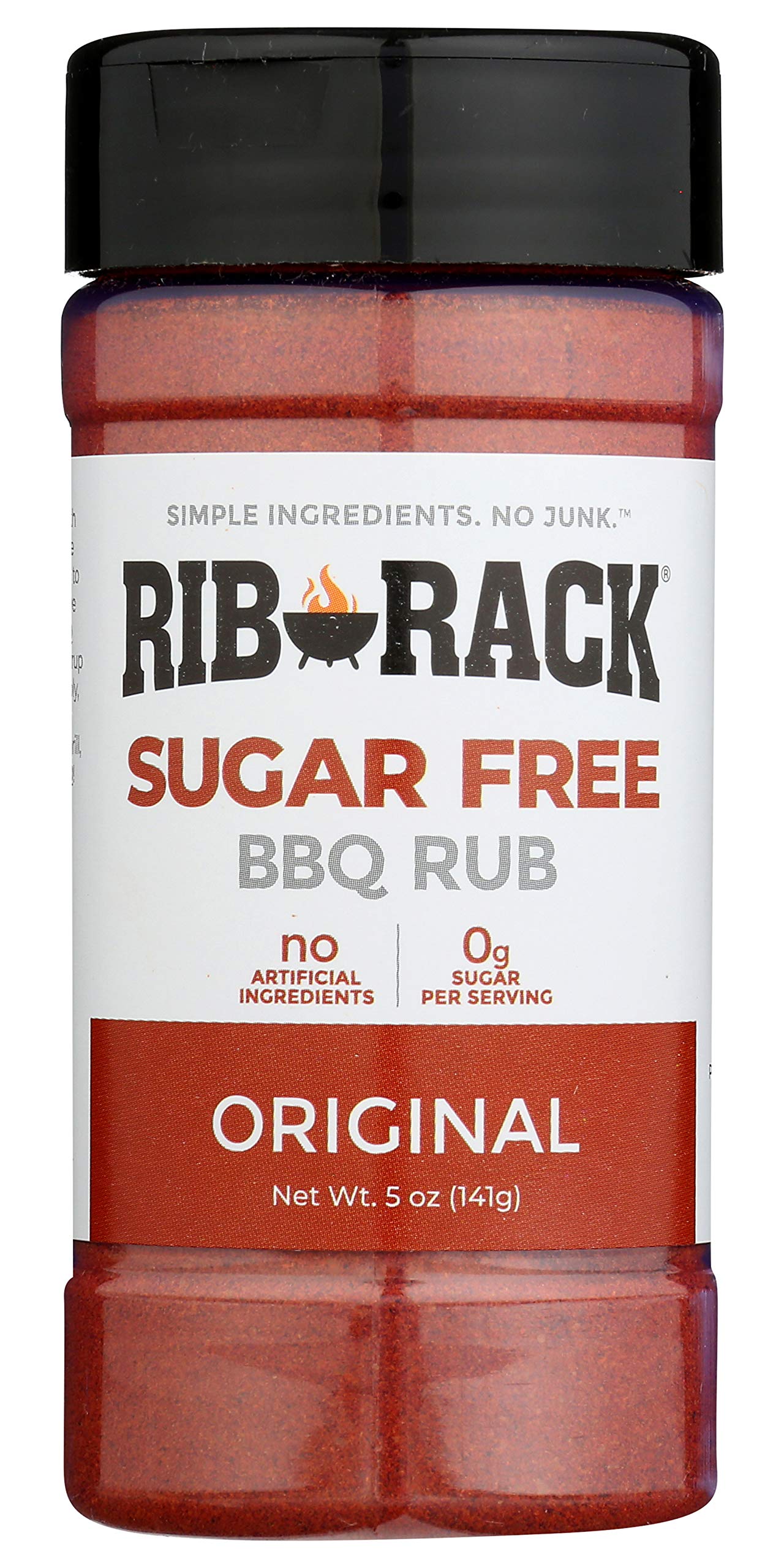 Rib Rack Original Sugar Free BBQ Rub 5oz bottle—zero sugar, bold flavor for grilled ribs.