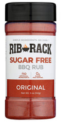 Rib Rack Original Sugar Free BBQ Rub 5oz bottle—zero sugar, bold flavor for grilled ribs.