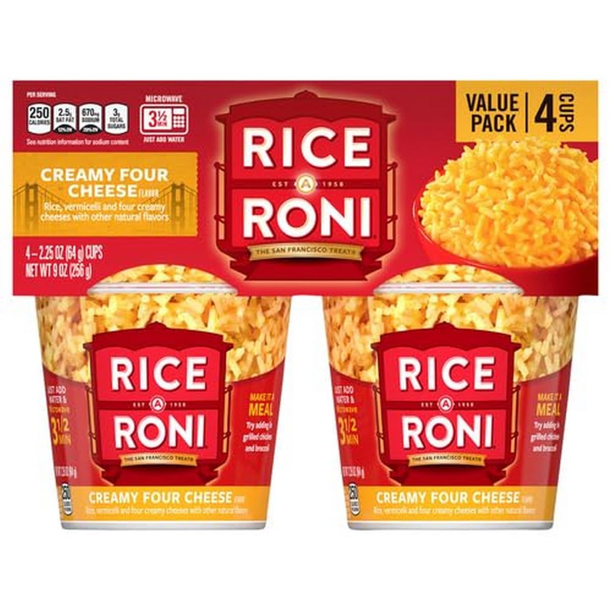Rice-A-Roni Four Cheese 4pk Cups packshot for quick, creamy meals