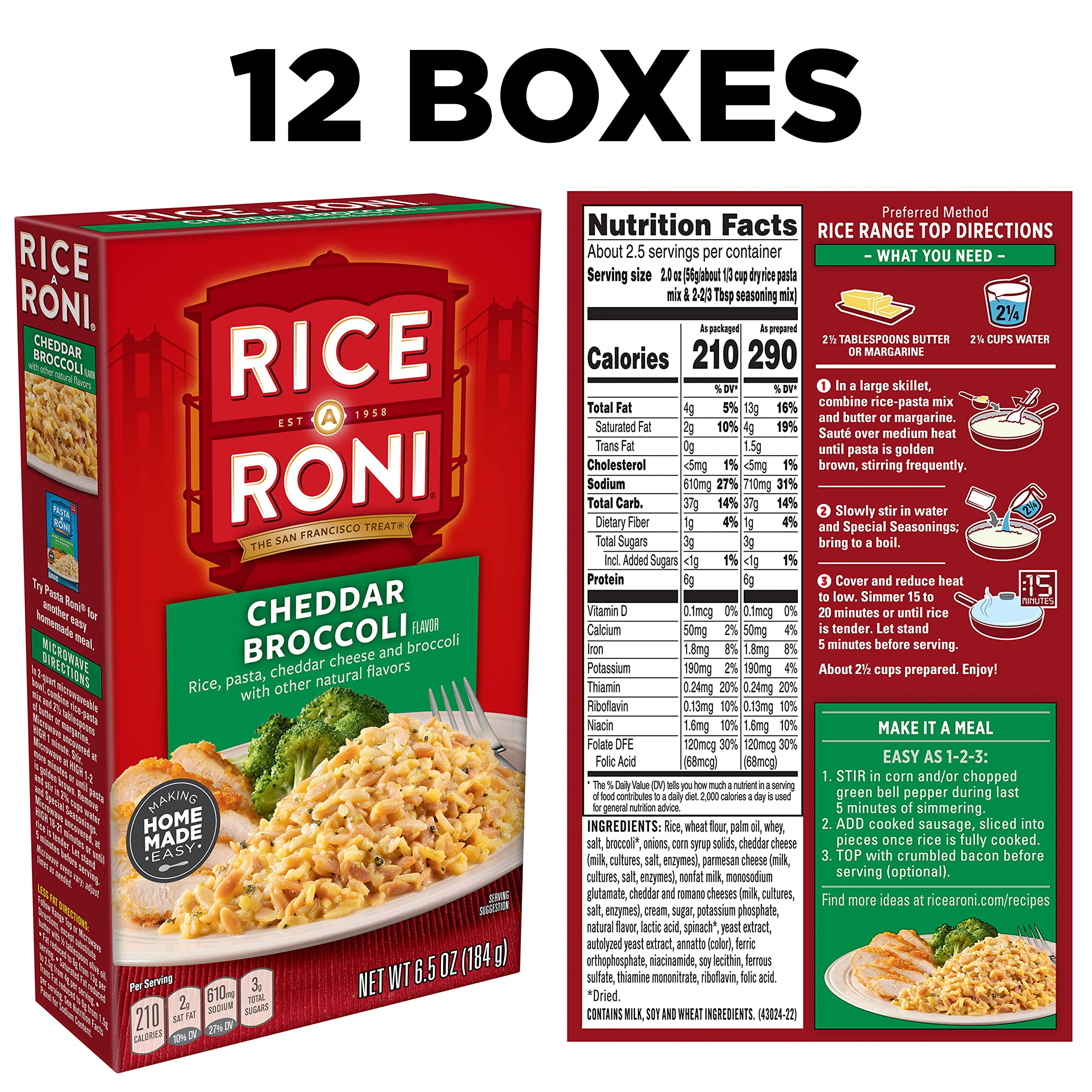Rice-A-Roni Cheddar Broccoli box back shows directions for quick prep and ingredients.