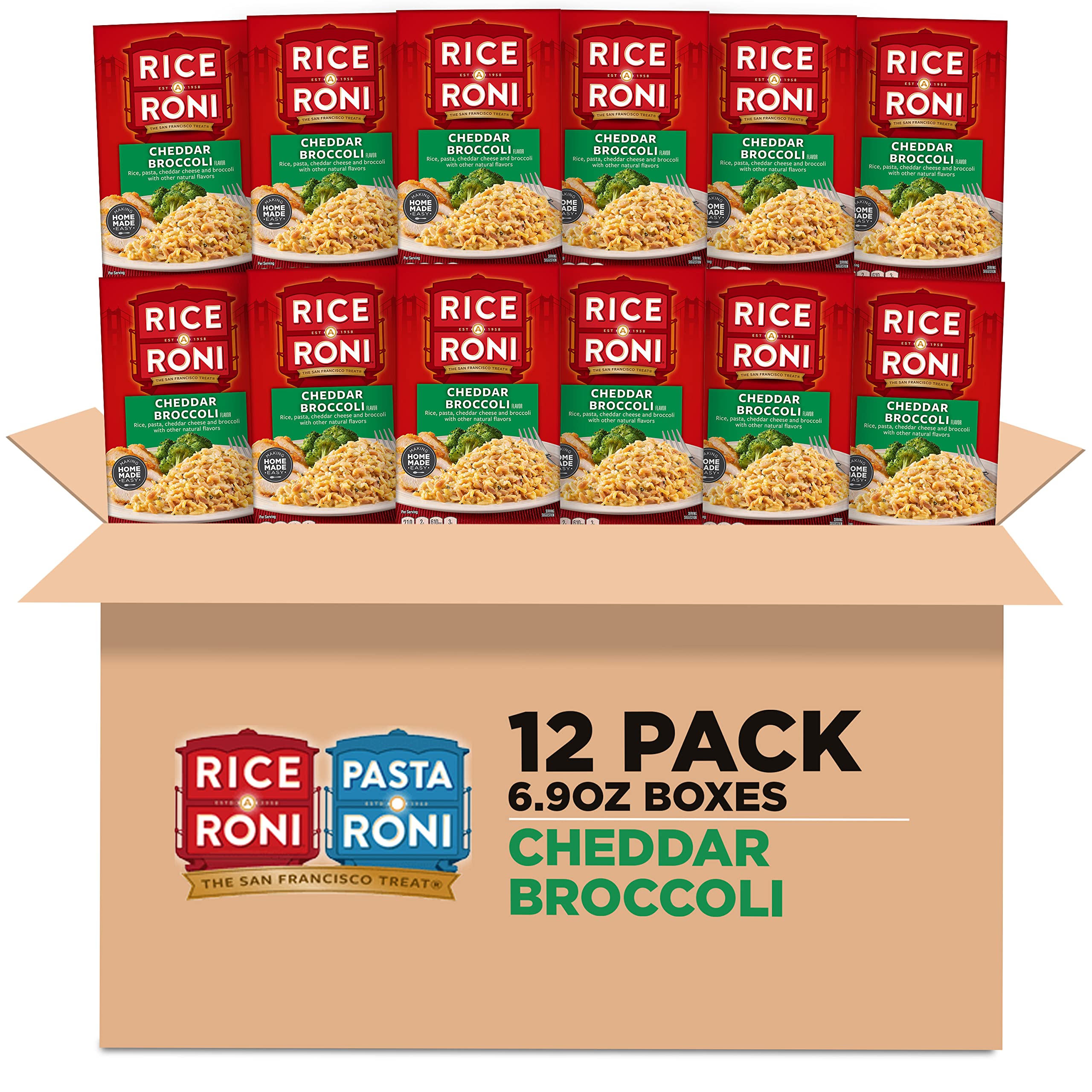 Rice-A-Roni Cheddar Broccoli box front highlights a convenient 12-pack for family meals.