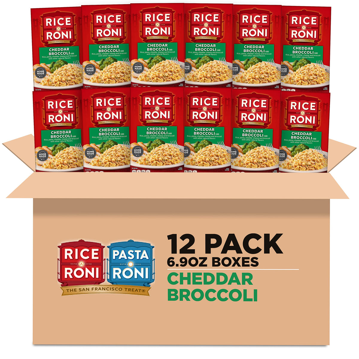 Rice-A-Roni Cheddar Broccoli box front highlights a convenient 12-pack for family meals.