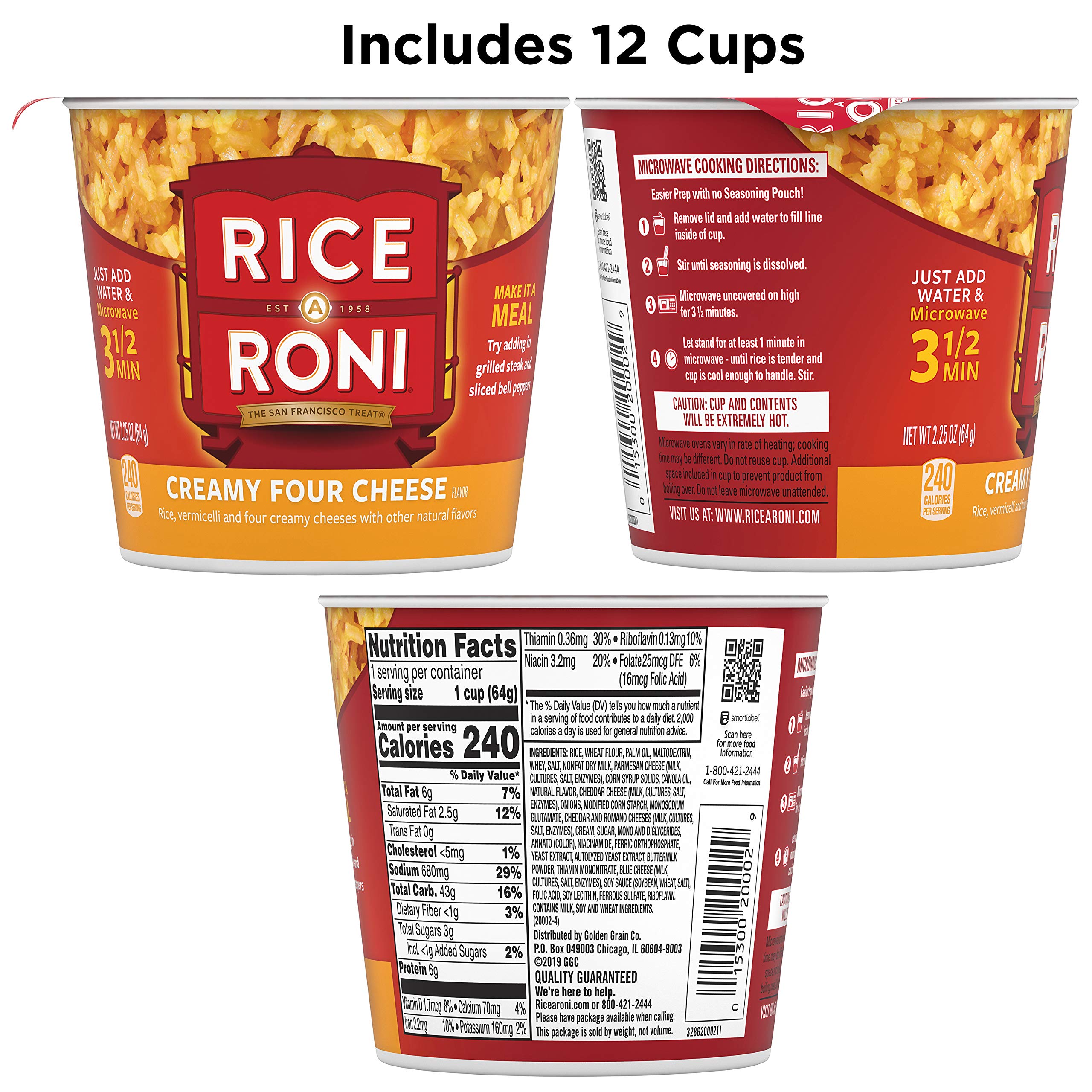 Rice-A-Roni Creamy Four Cheese cups in microwave-ready state for quick meals.