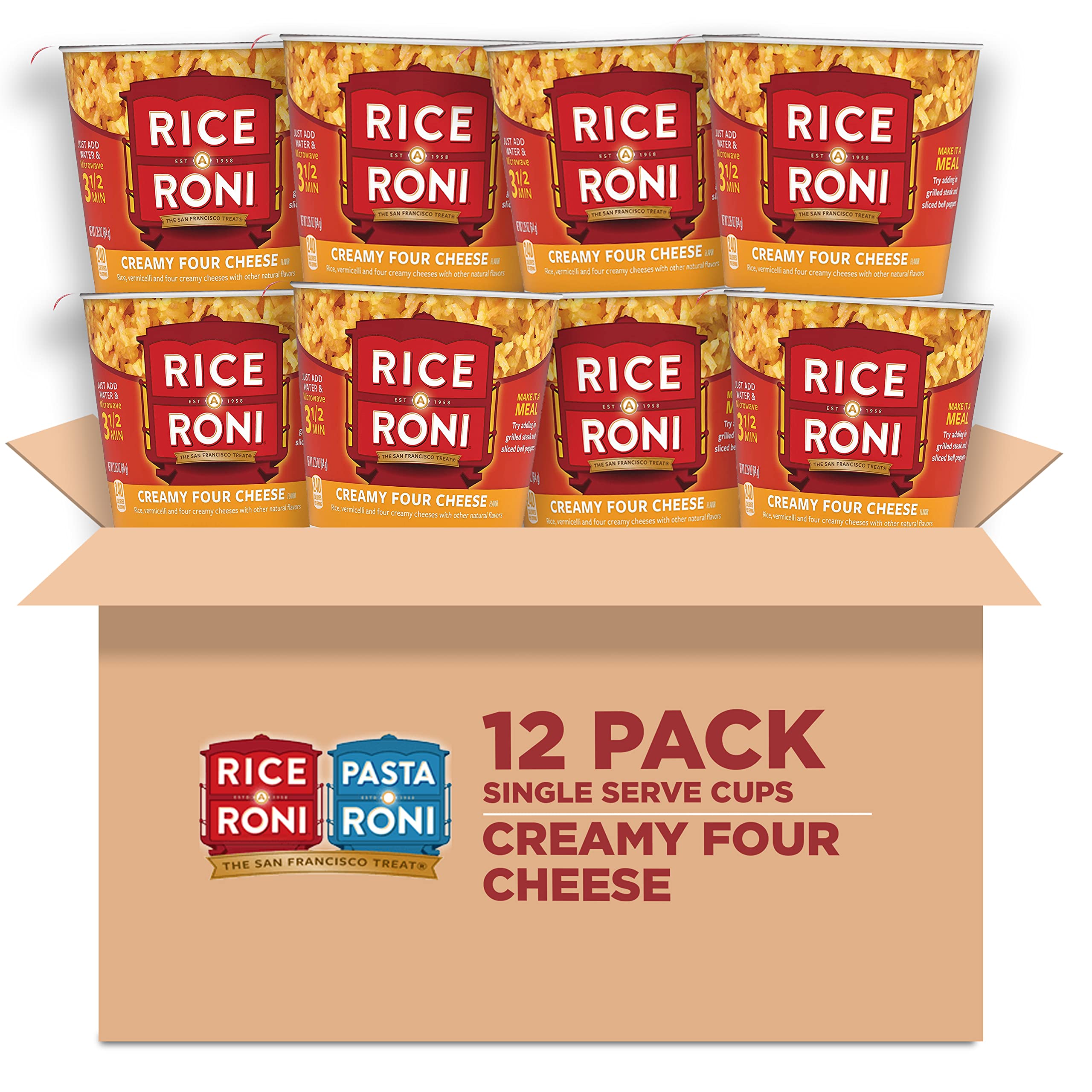 Rice-A-Roni Creamy Four Cheese cups on packaging, convenient snack option.