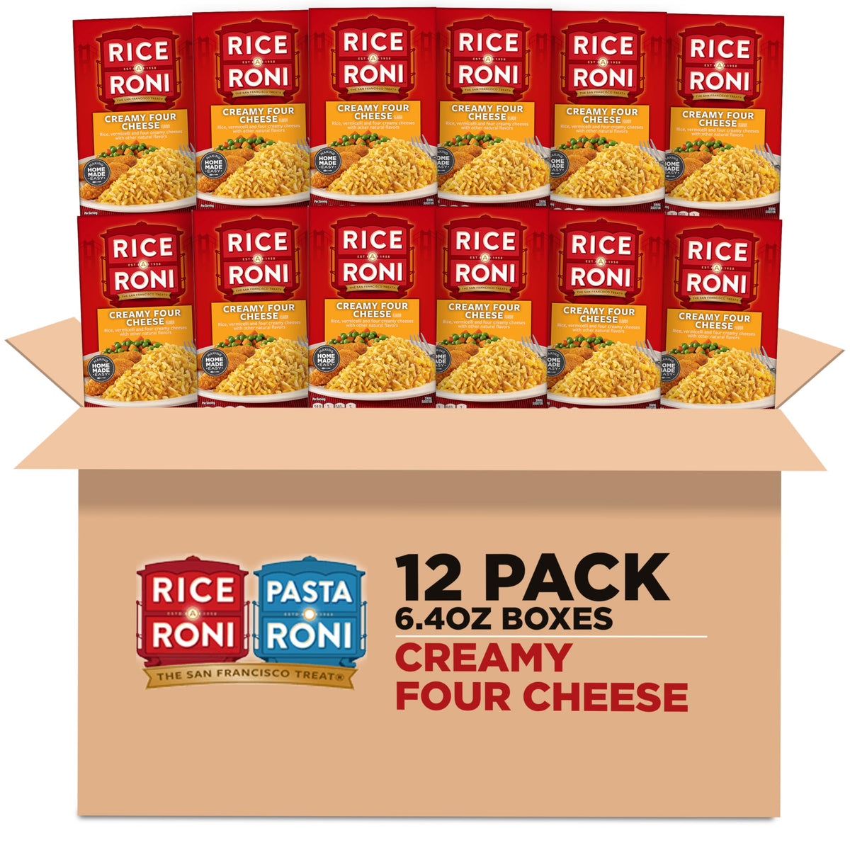 Rice-A-Roni Creamy Four Cheese packaging highlights quick, family-friendly side dish.