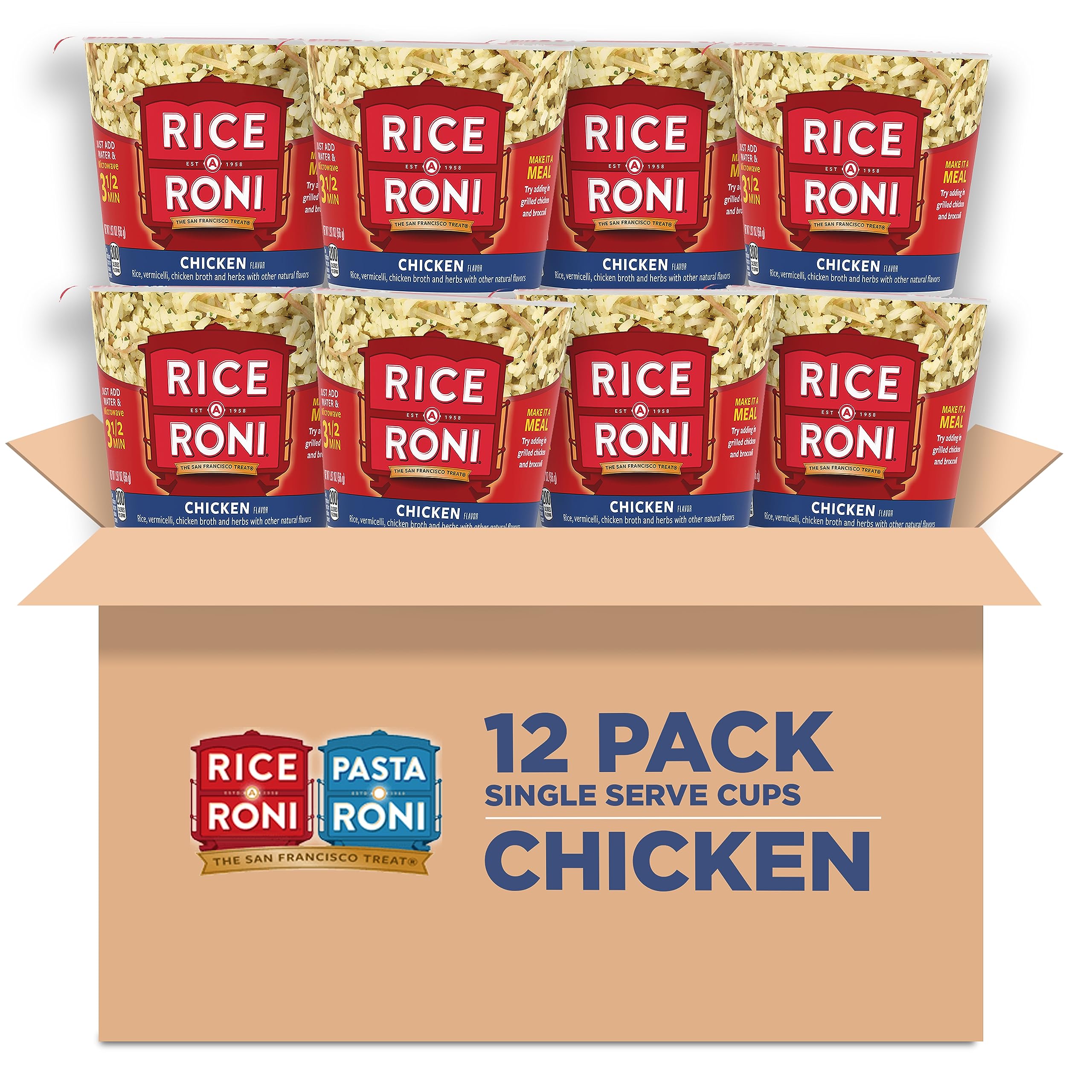 Rice-A-Roni Chicken Flavor cups—microwave-ready single-serve meal in a cup