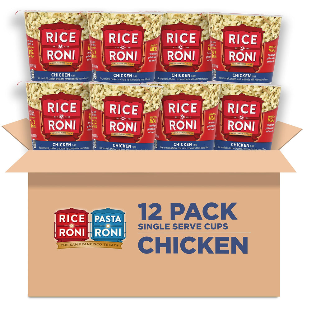 Rice-A-Roni Chicken Flavor cups—microwave-ready single-serve meal in a cup