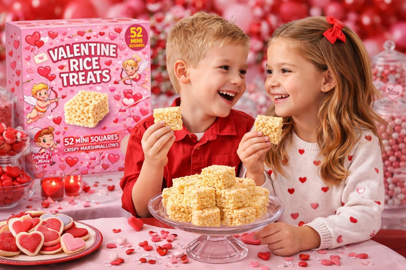 Rice Crispy Marshmallow Treats Valentine mini square in a bulk pack for events and larger groups.