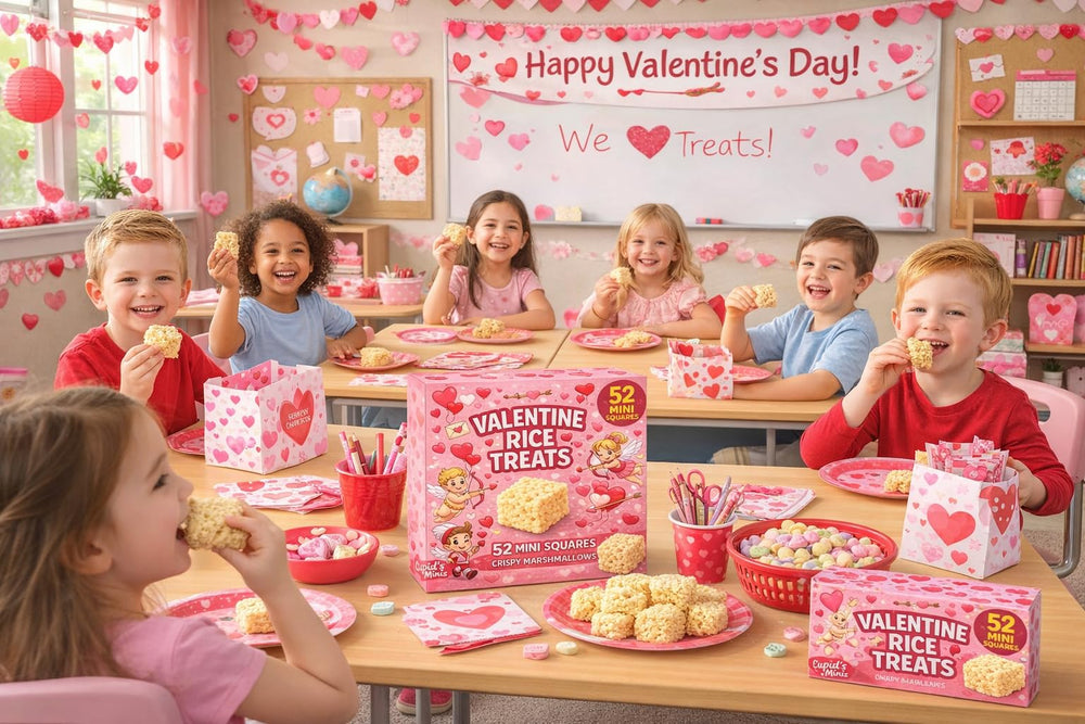 Rice Crispy Marshmallow Treats Valentine mini square, ideal for classroom exchanges and group sharing.