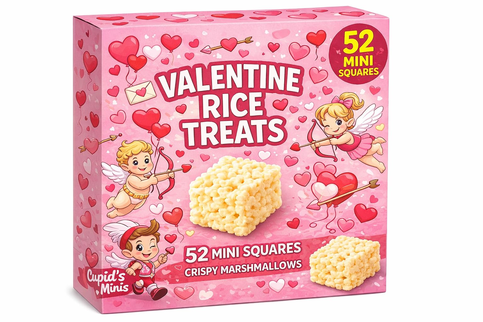 Rice Crispy Marshmallow Treats Valentine mini square ideal for quick snack time and cards.