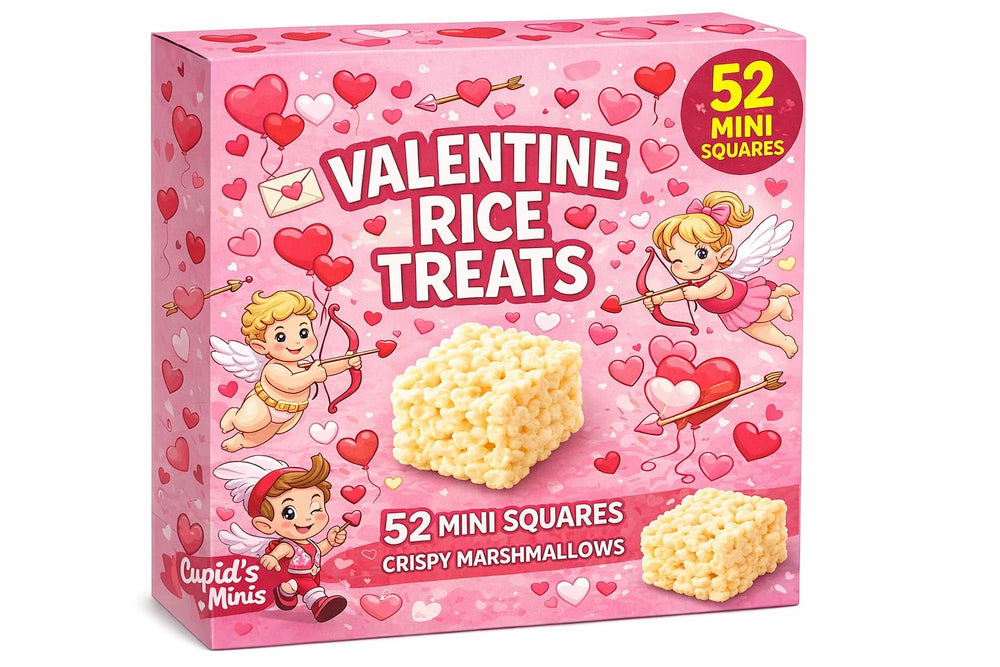 Rice Crispy Marshmallow Treats Valentine mini square ideal for quick snack time and cards.