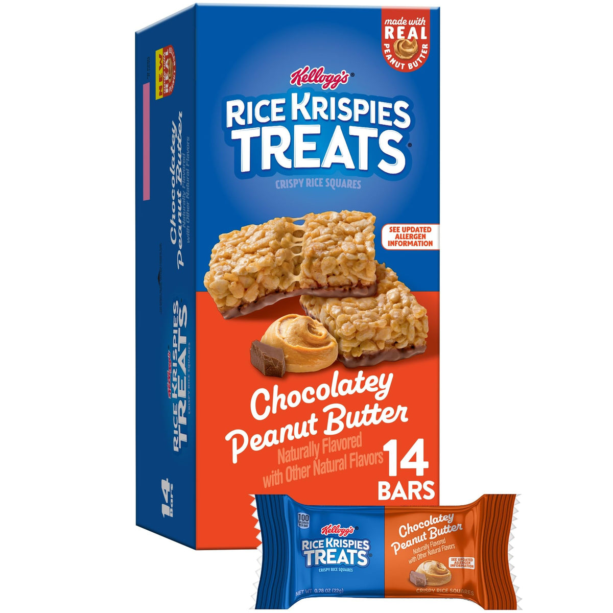 Rice Krispies Treats chocolatey peanut butter square close-up, on-the-go snack