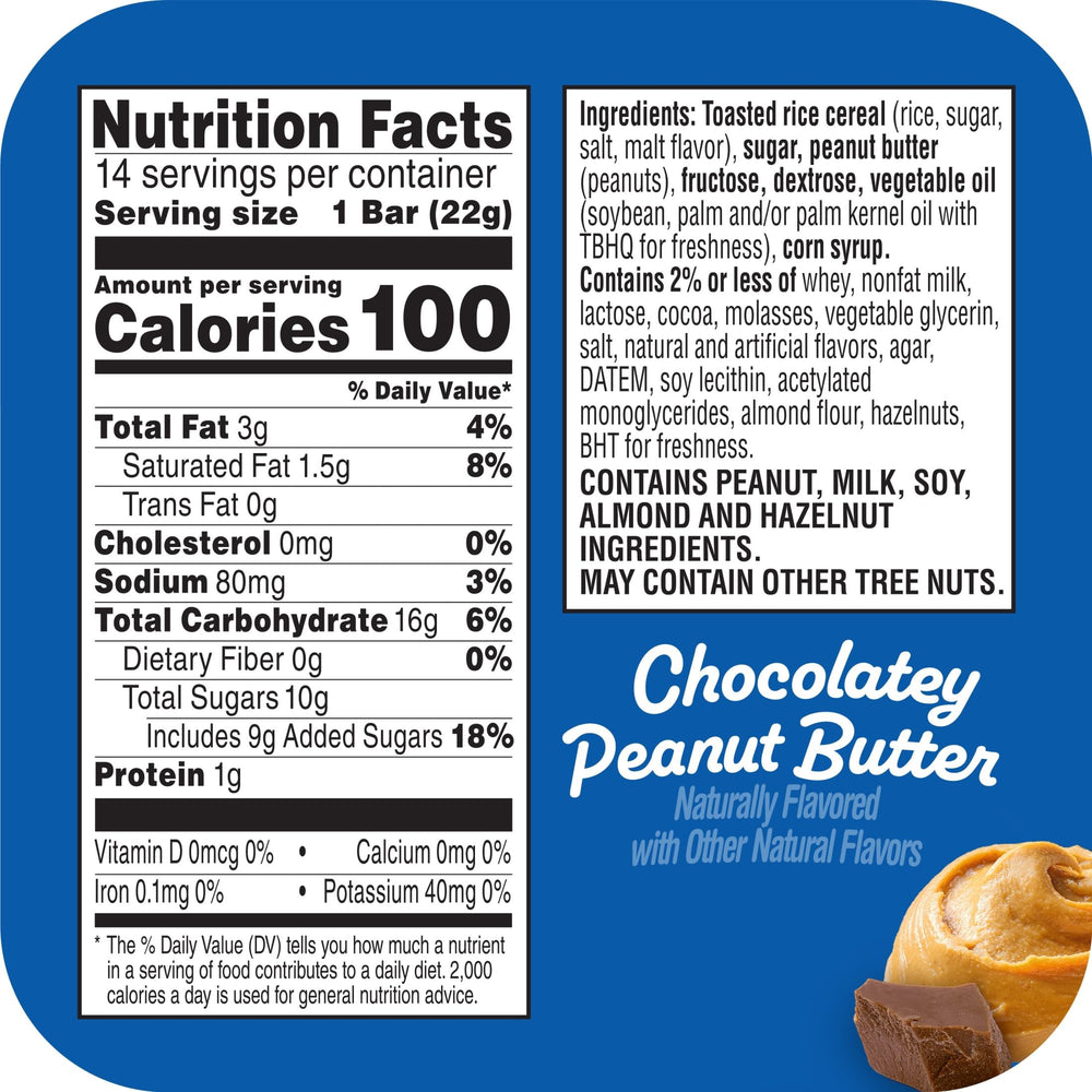 Rice Krispies Treats chocolatey peanut butter square in hand, lunchbox-friendly