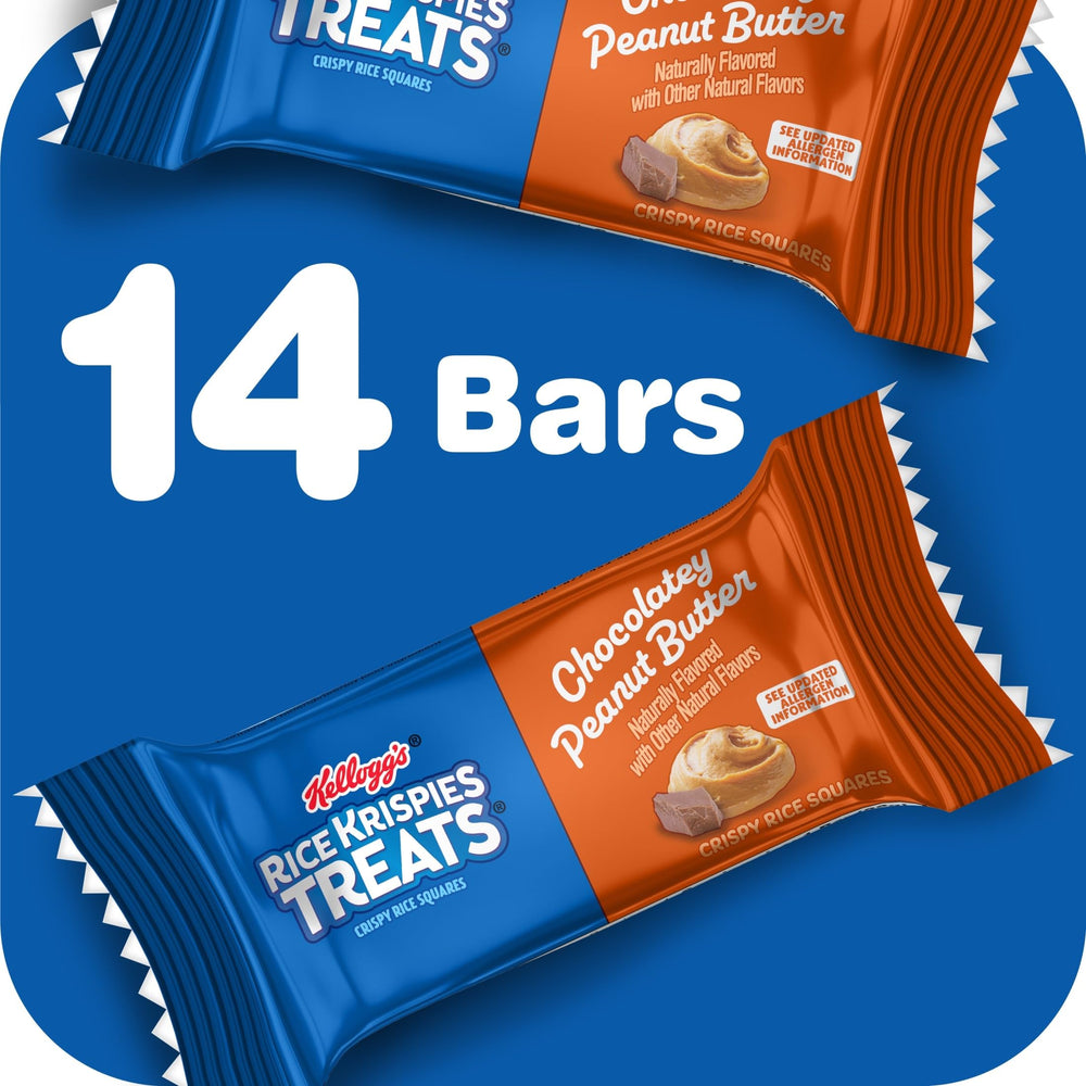 Rice Krispies Treats chocolatey peanut butter square, creamy middle visible