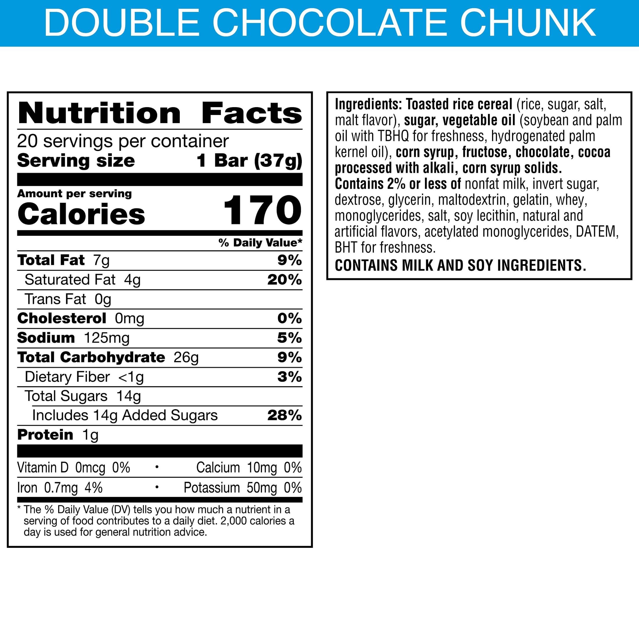Close-up of Rice Krispies Treats Double Chocolatey Chunk bar with gooey marshmallow and chocolate.