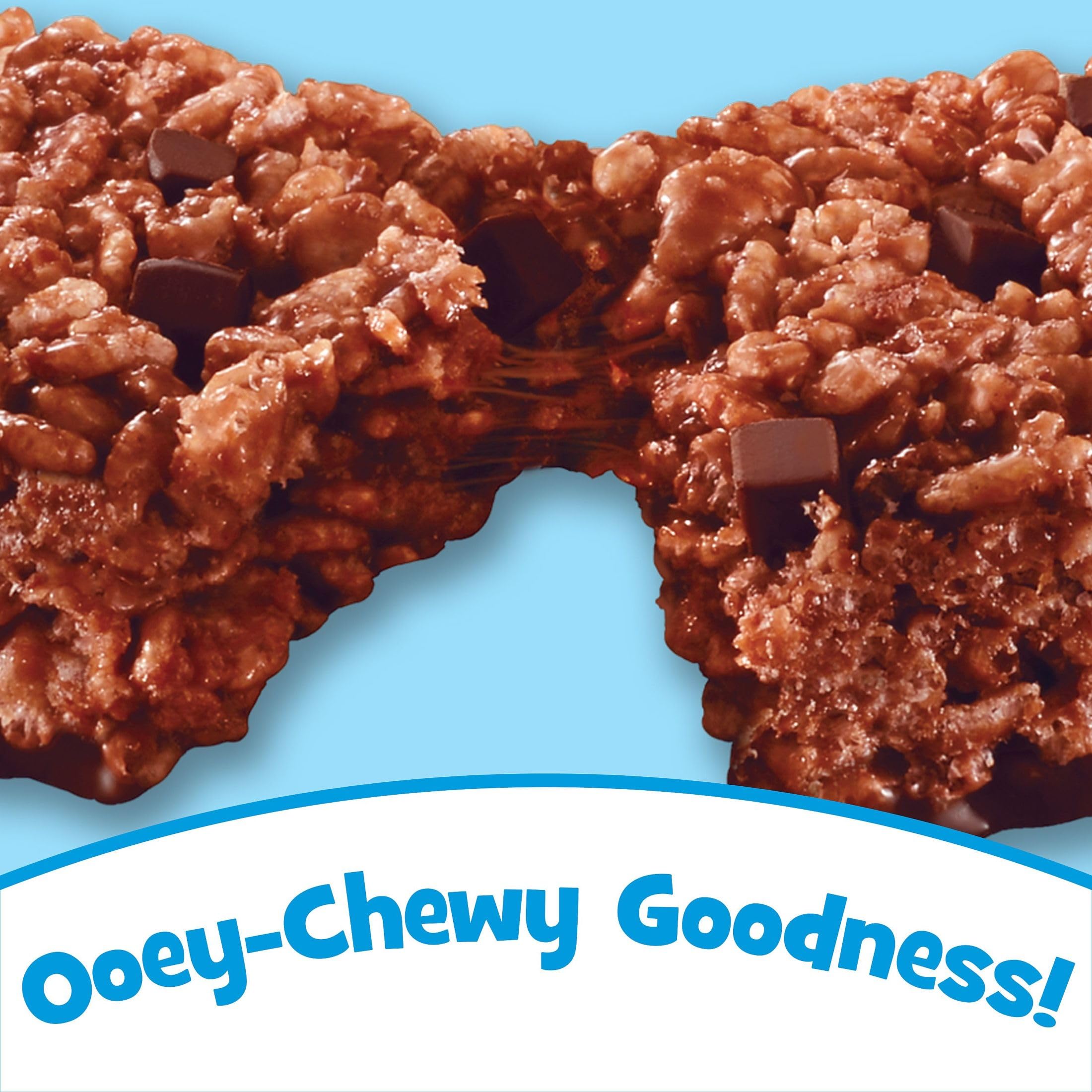 Rice Krispies Treats Double Chocolatey Chunk bar unwrapped, showing crisp puffed rice.