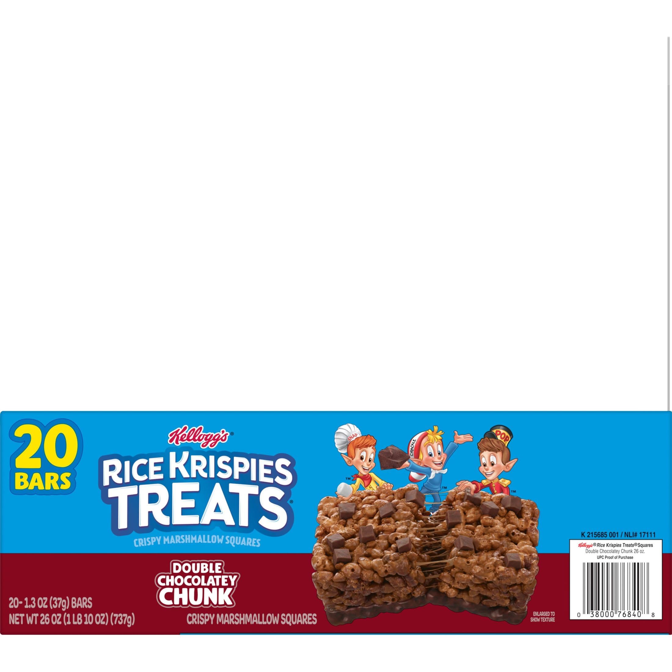 Box of Rice Krispies Treats Double Chocolatey Chunk bars, convenient 26oz family box.