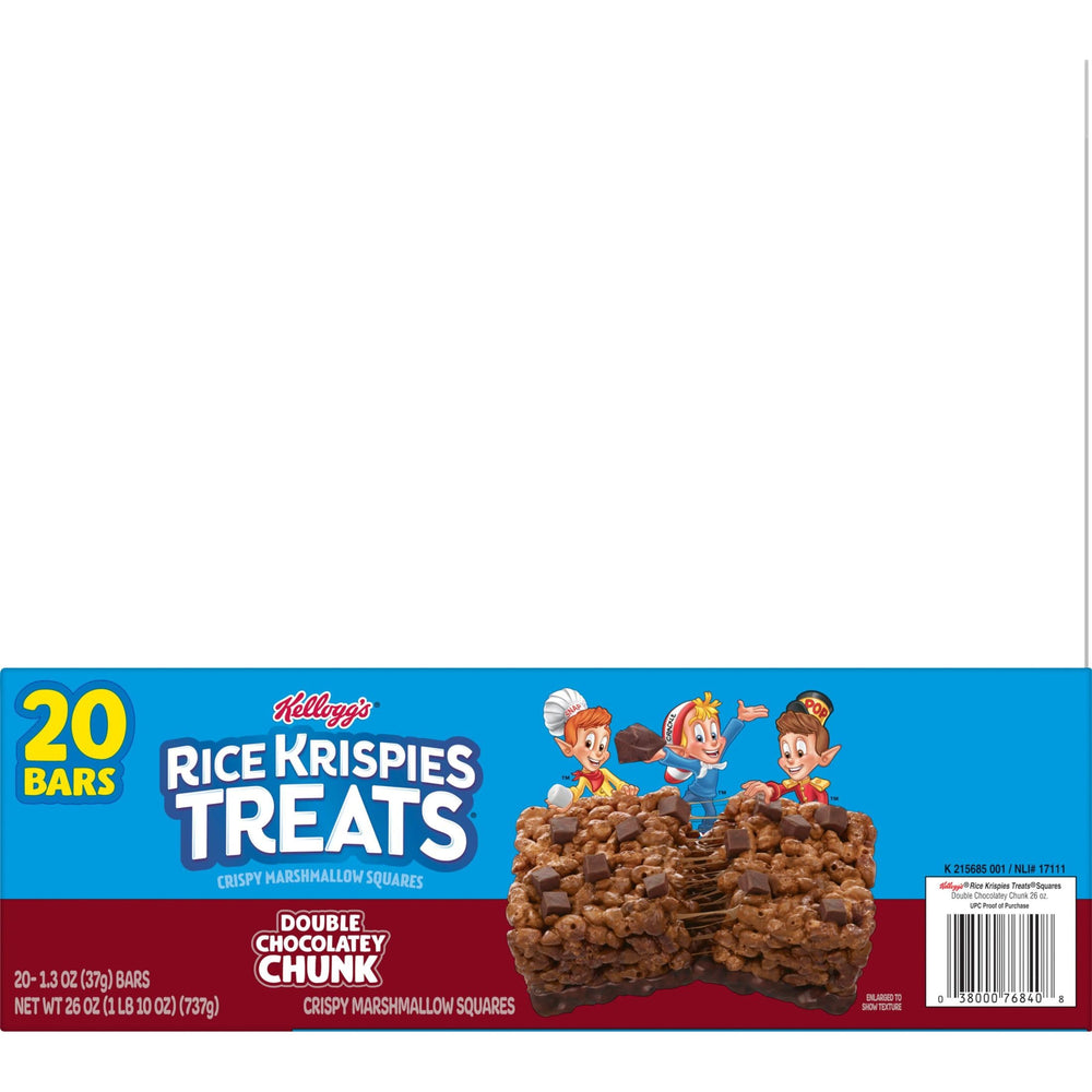 Box of Rice Krispies Treats Double Chocolatey Chunk bars, convenient 26oz family box.