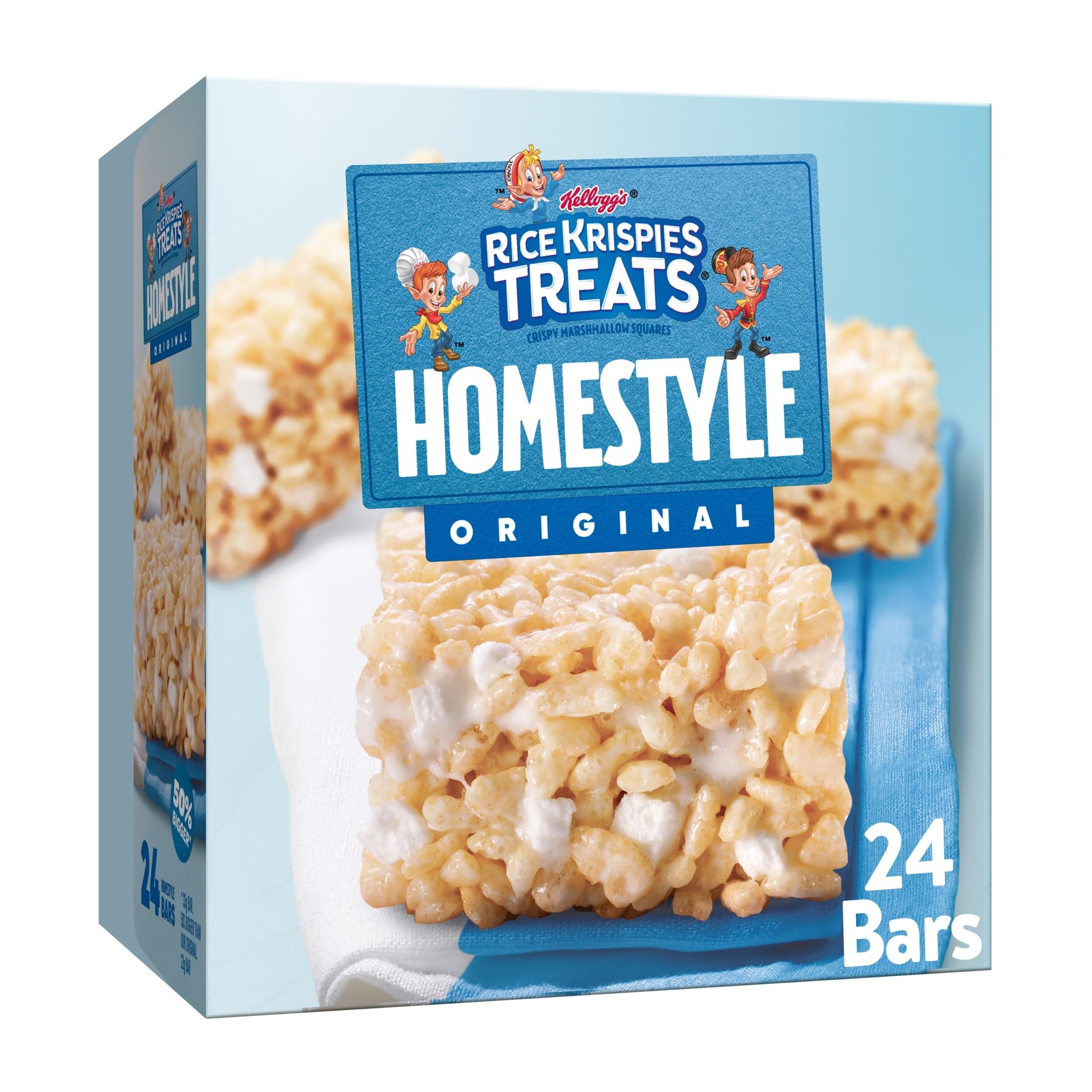 Rice Krispies Treats Homestyle Original box front for quick school snacks.