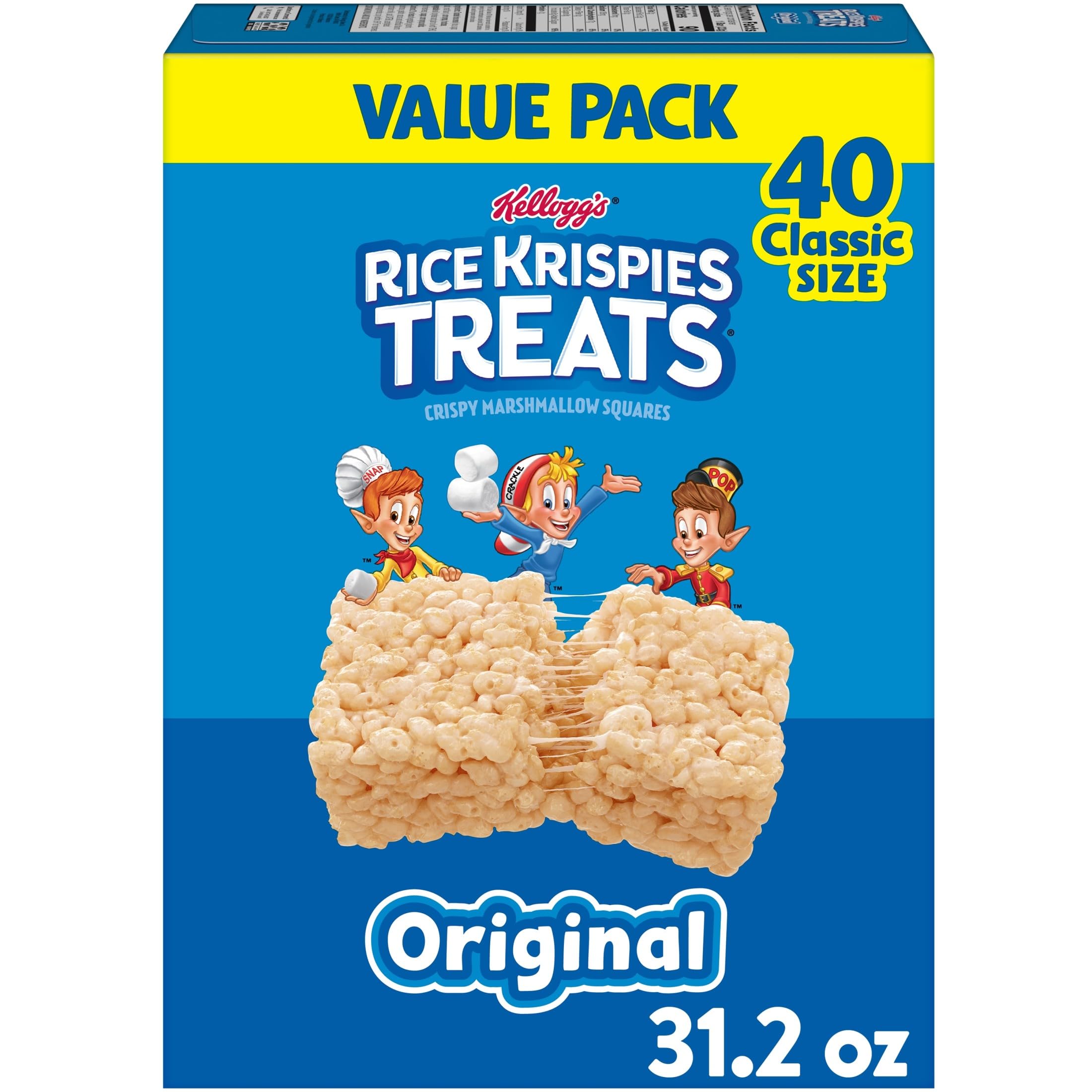 Rice Krispies Treats Original bars box front showing 40 individually wrapped snacks for sharing.