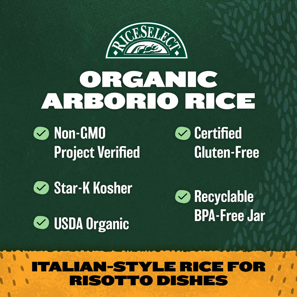 Back of RiceSelect Arborio Rice jar showing cooking directions